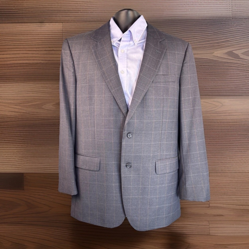 Jos.‎ A Bank Blazer Wool Dark Gray Blue Windowpane Plaid 43L Tailored Fit Light
